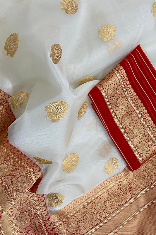 Red And Off White Handloom Banarasi Pure Kora Silk Saree - Luxurion World