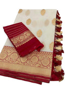 Red And Off White Handloom Banarasi Pure Kora Silk Saree - Luxurion World