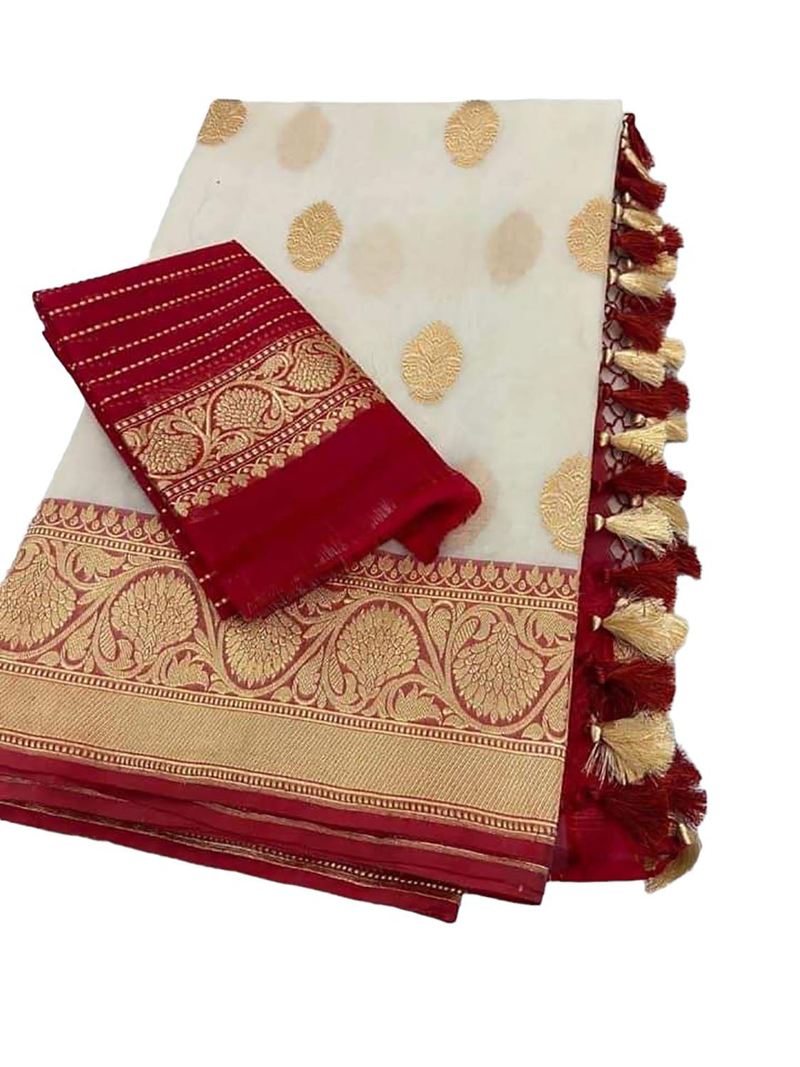 Red And Off White Handloom Banarasi Pure Kora Silk Saree - Luxurion World