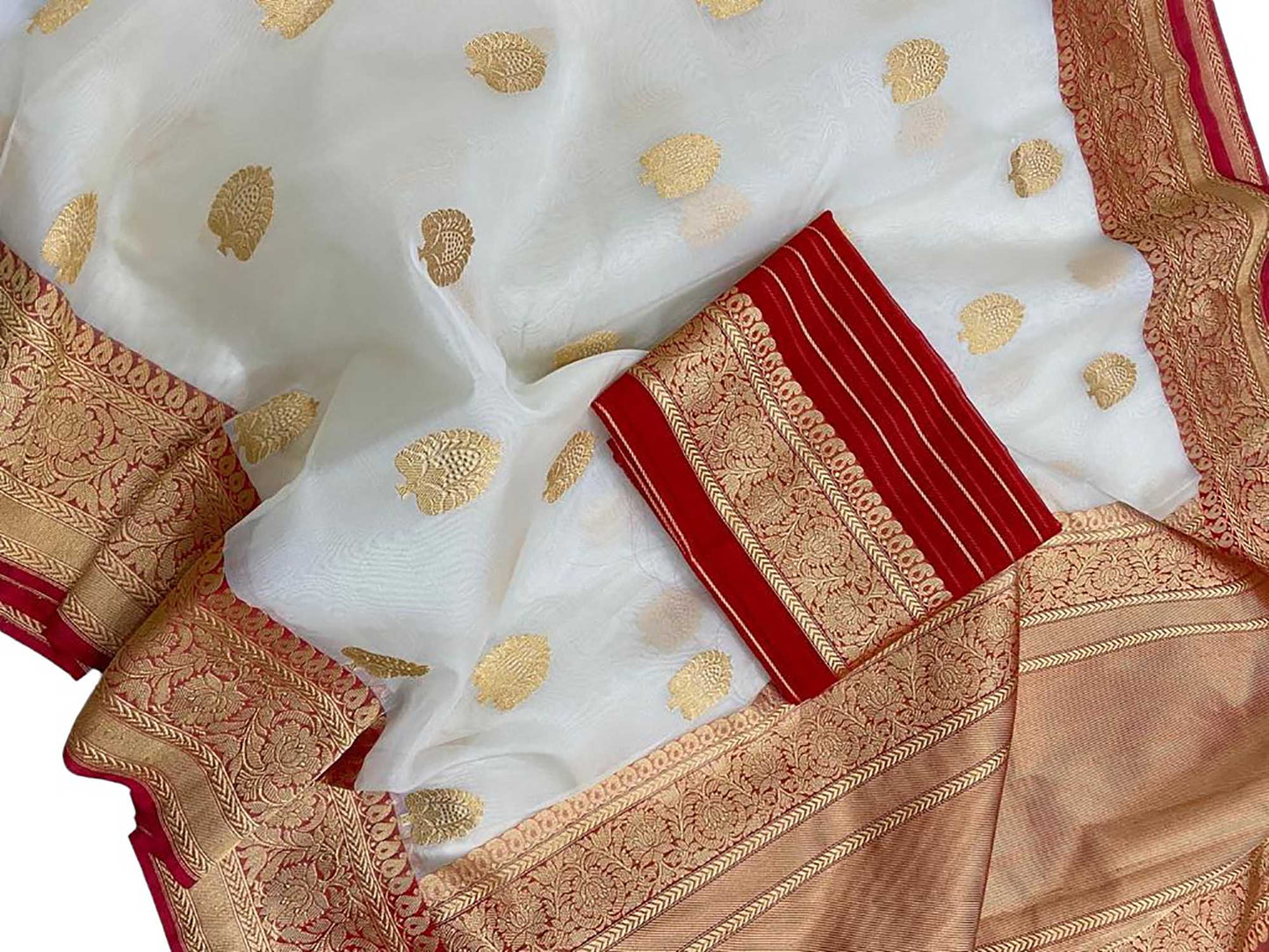 Red And Off White Handloom Banarasi Pure Kora Silk Saree - Luxurion World