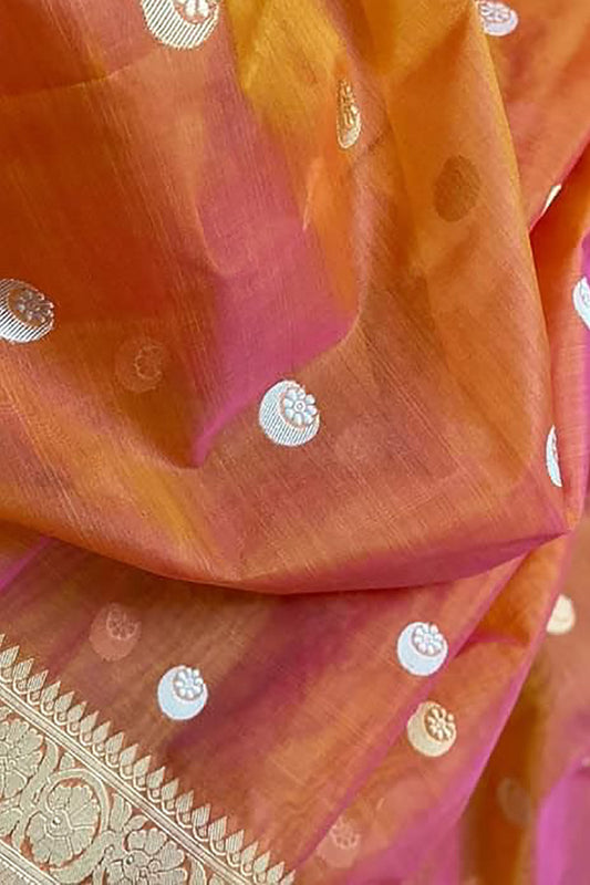 Orange Banarasi Handloom Kora Silk Chand Booti Sona Roopa Saree - Luxurion World