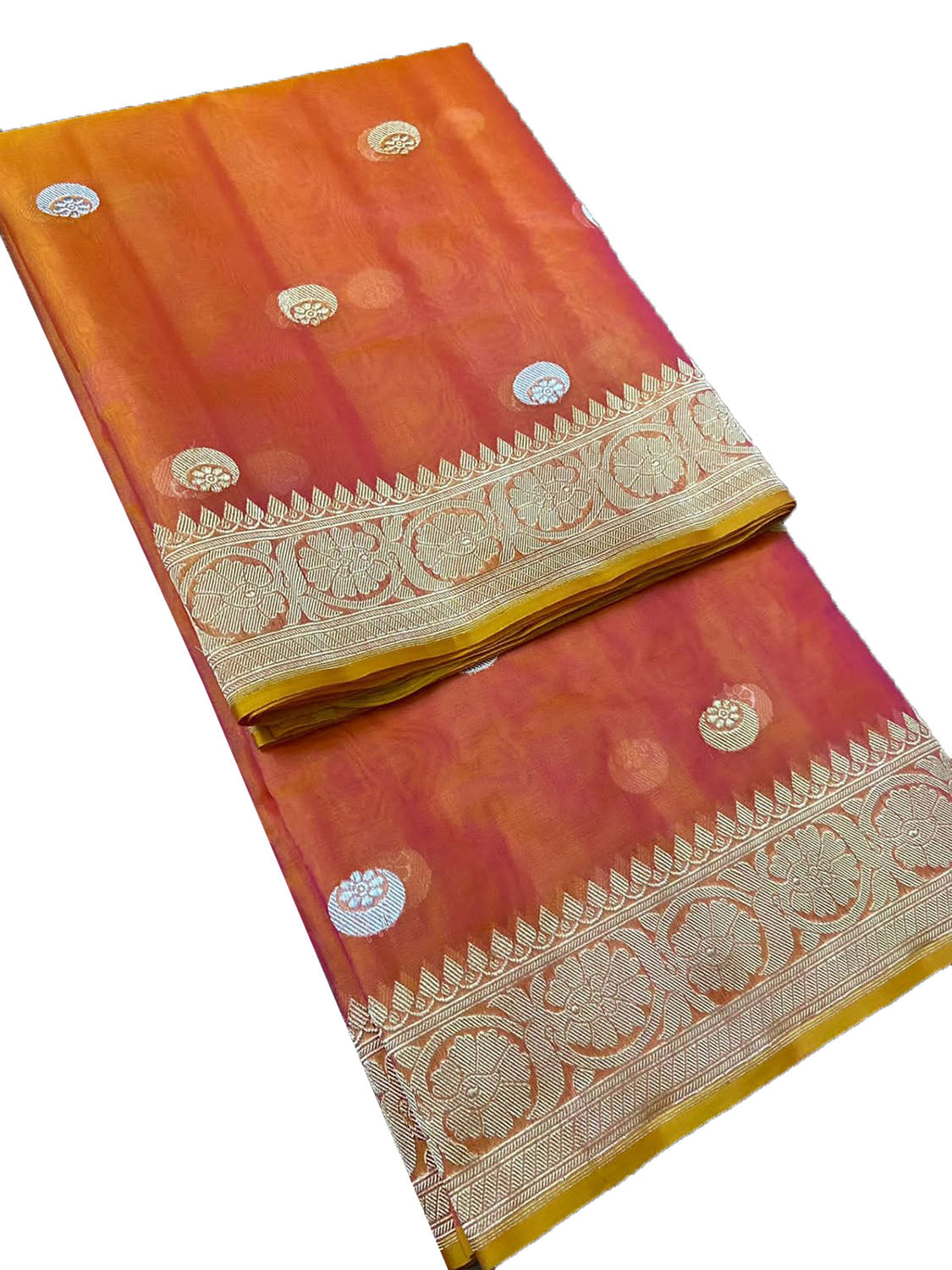 Orange Banarasi Handloom Kora Silk Chand Booti Sona Roopa Saree - Luxurion World