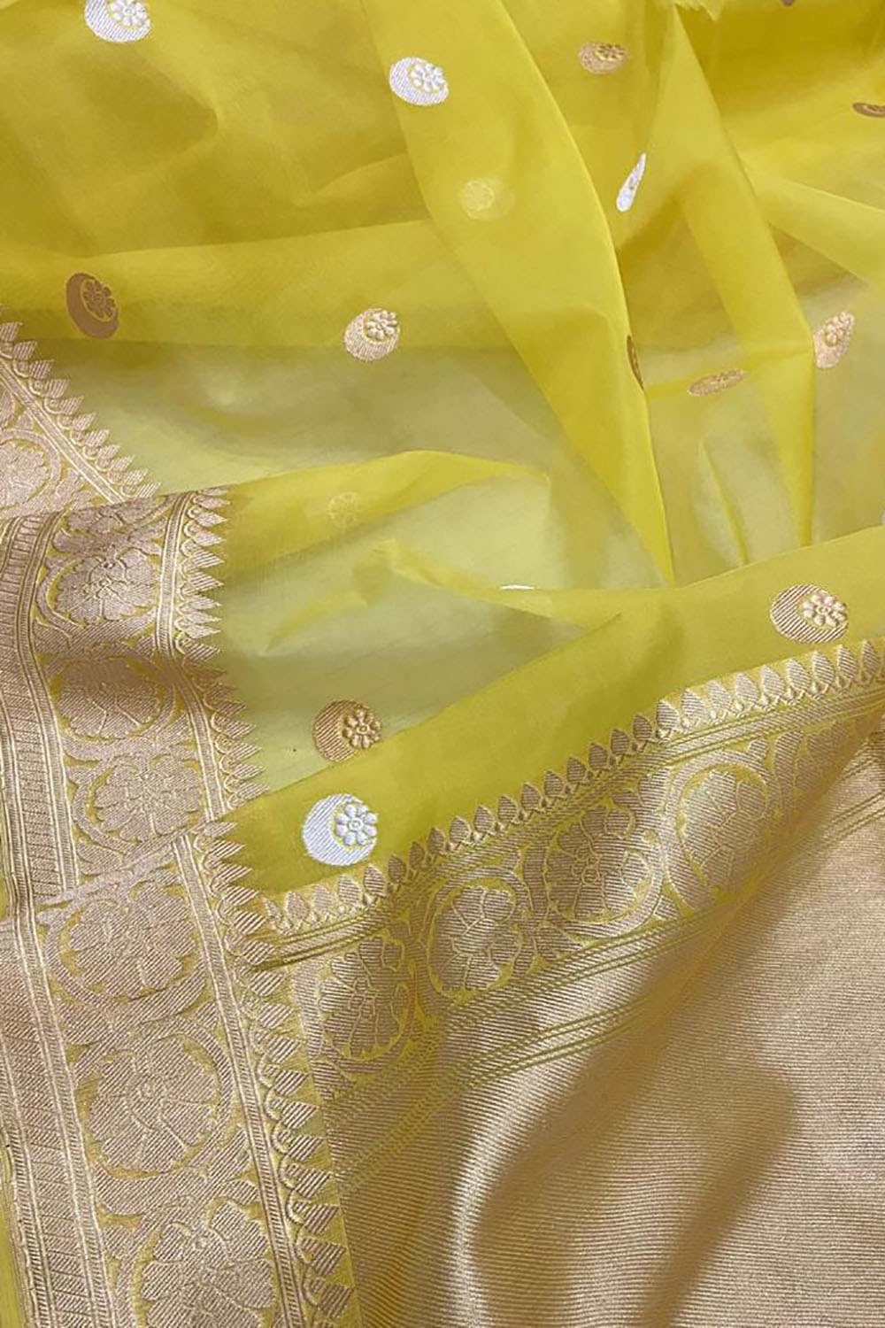 Yellow Banarasi Handloom Kora Silk Chand Booti Sona Roopa Saree - Luxurion World