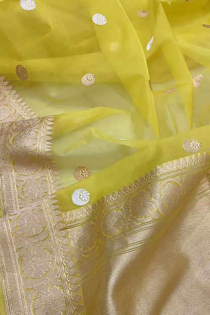 Yellow Banarasi Handloom Kora Silk Chand Booti Sona Roopa Saree - Luxurion World