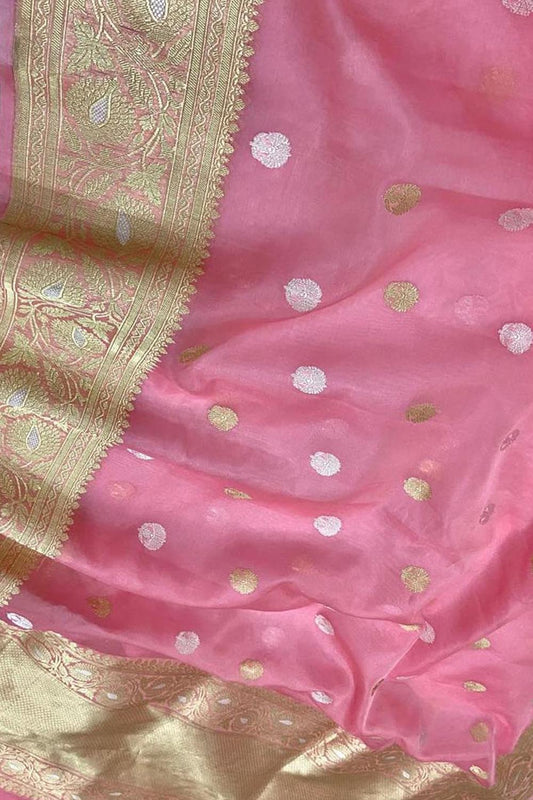 Pink Handloom Banarasi Pure Kora Silk Saree - Luxurion World