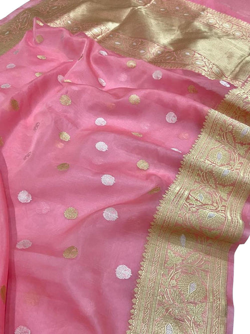 Pink Handloom Banarasi Pure Kora Silk Saree - Luxurion World