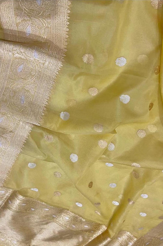 Yellow Handloom Banarasi Pure Kora Silk Saree - Luxurion World