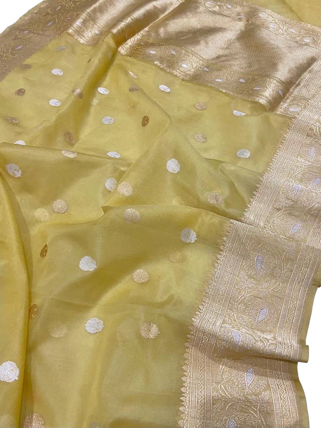 Yellow Handloom Banarasi Pure Kora Silk Saree - Luxurion World