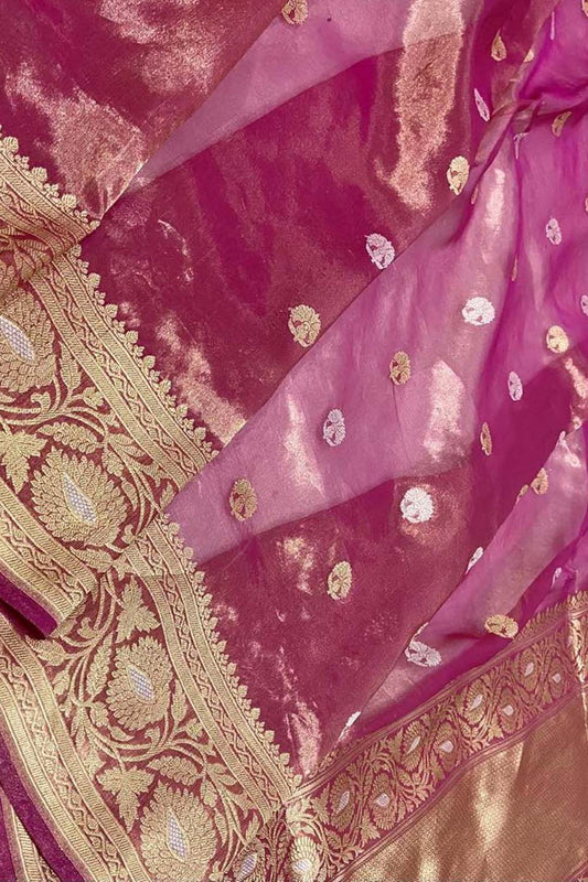 Pink Handloom Banarasi Pure Kora Tissue Silk Saree - Luxurion World