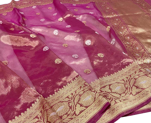 Pink Handloom Banarasi Pure Kora Tissue Silk Saree - Luxurion World