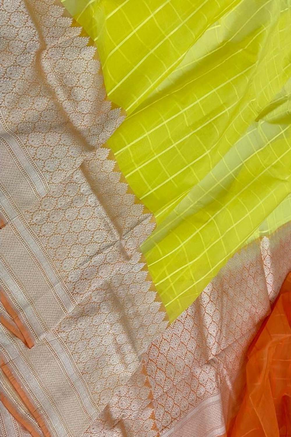 Yellow Handloom Banarasi Pure Kora Silk Checks Design Saree - Luxurion World
