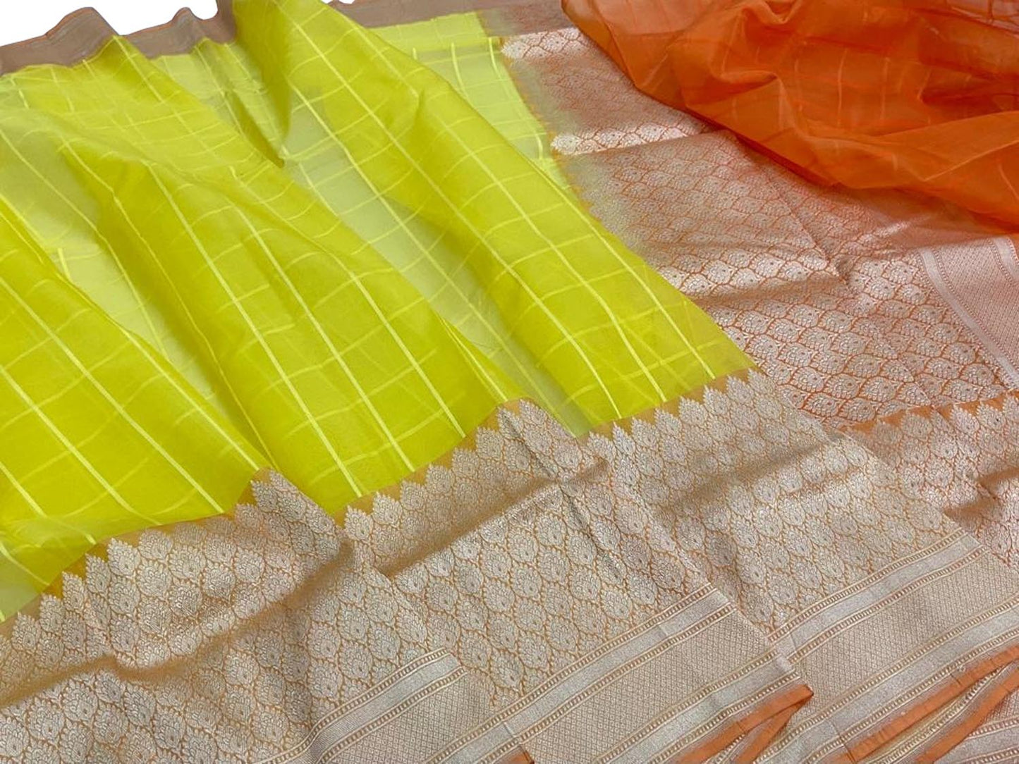 Yellow Handloom Banarasi Pure Kora Silk Checks Design Saree - Luxurion World