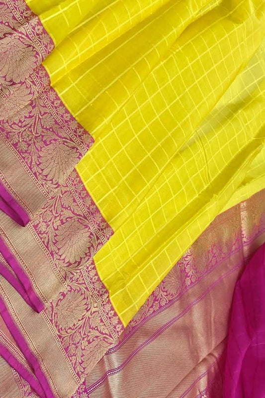 Yellow Handloom Banarasi Pure Kora Silk Checks Design Saree - Luxurion World