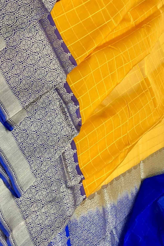 Yellow Handloom Banarasi Pure Kora Silk Checks Design Saree