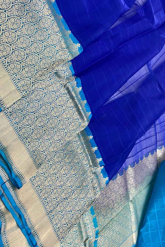 Blue Handloom Banarasi Pure Kora Silk Checks Design Saree - Luxurion World