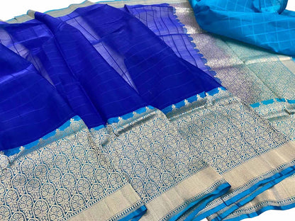 Blue Handloom Banarasi Pure Kora Silk Checks Design Saree - Luxurion World