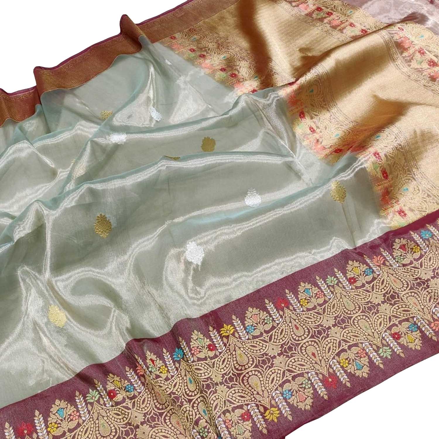 Elegant Pastel Banarasi Handloom Kora Tissue Silk Saree with Meenakari - Luxurion World