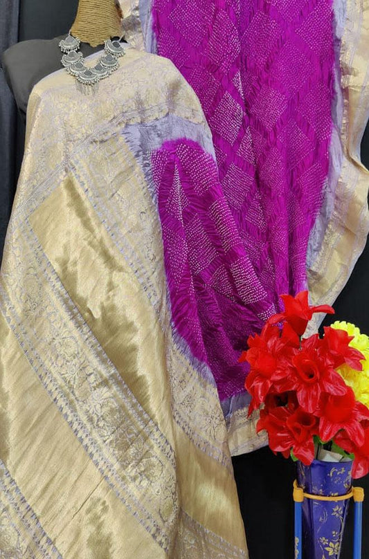 Purple Bandhani Pure Silk Kanjeevaram Border Saree - Luxurion World