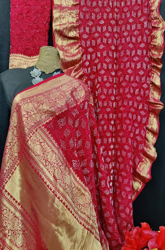 Red Bandhani Pure Silk Kanjeevaram Border Saree - Luxurion World