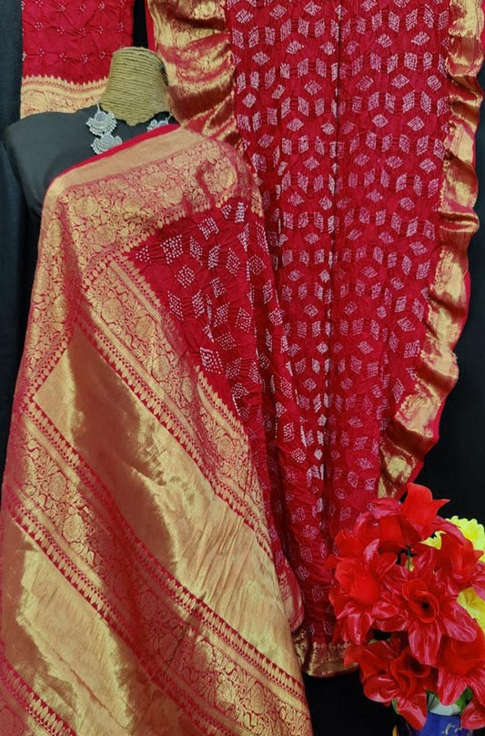 Red Bandhani Pure Silk Kanjeevaram Border Saree - Luxurion World