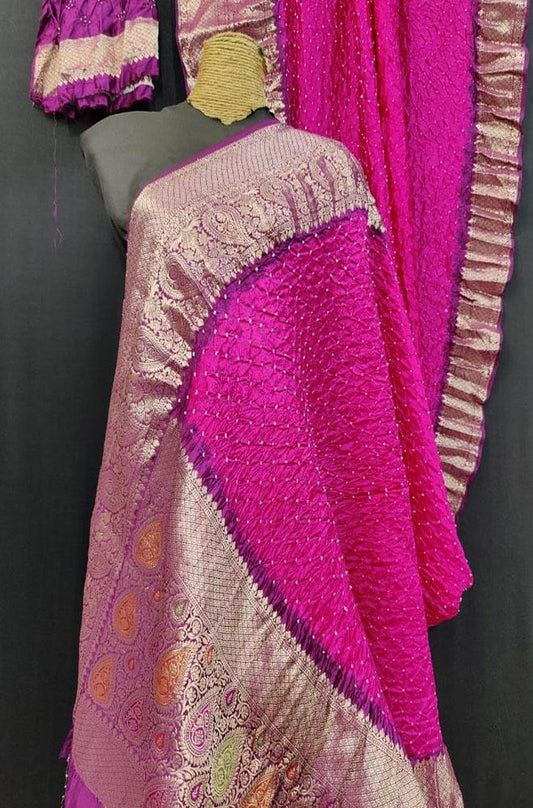 Purple Bandhani Pure Silk Kanjeevaram Border Saree - Luxurion World