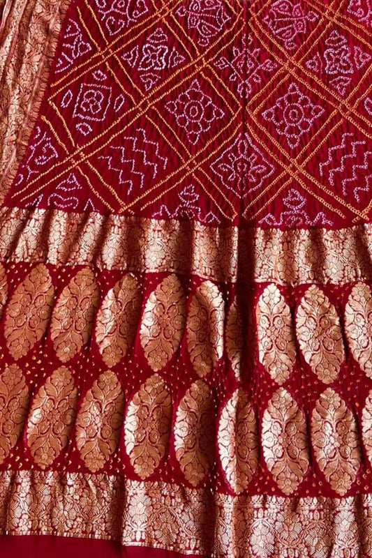 Red Banarasi Bandhani Pure Georgette Saree - Luxurion World