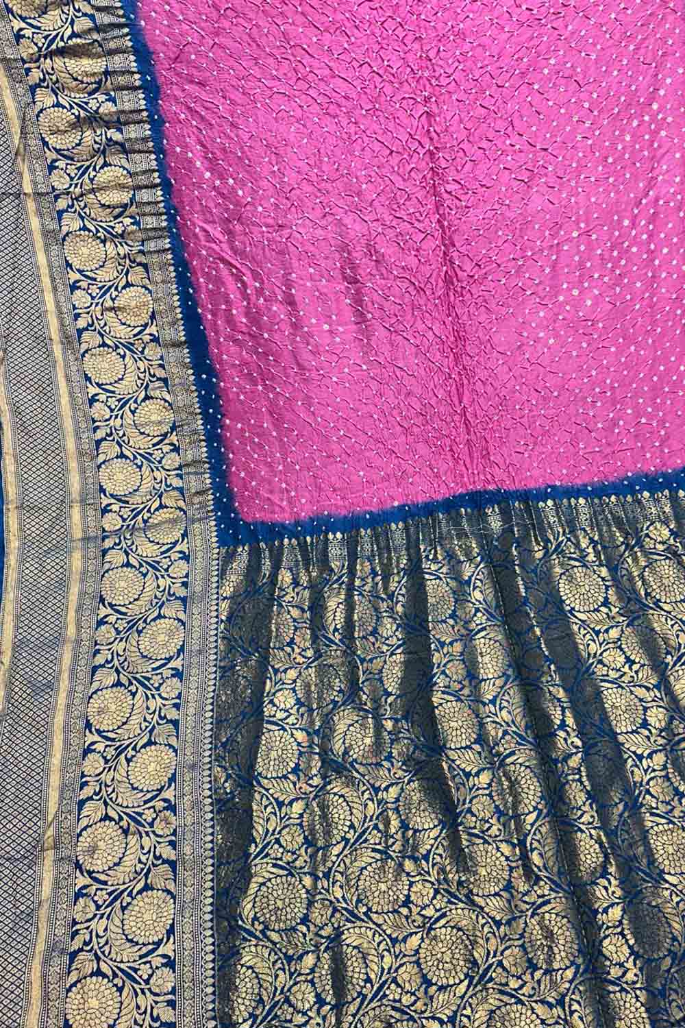 Pink Kanjeevaram Bandhani Pure Silk Saree With Bandhej Work - Luxurion World