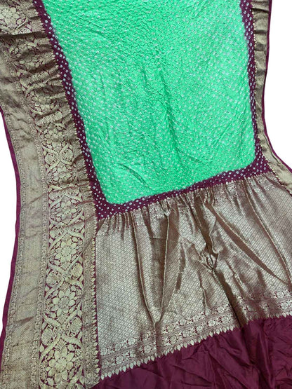 Green Kanjeevaram Bandhani Pure Silk Saree with Bandhej - Luxurion World