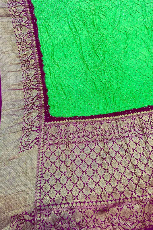 Green Kanjeevaram Bandhani Pure Silk Saree with Bandhej - Luxurion World