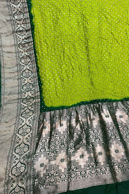 Green Kanjeevaram Bandhani Pure Silk Saree with Bandhej - Luxurion World
