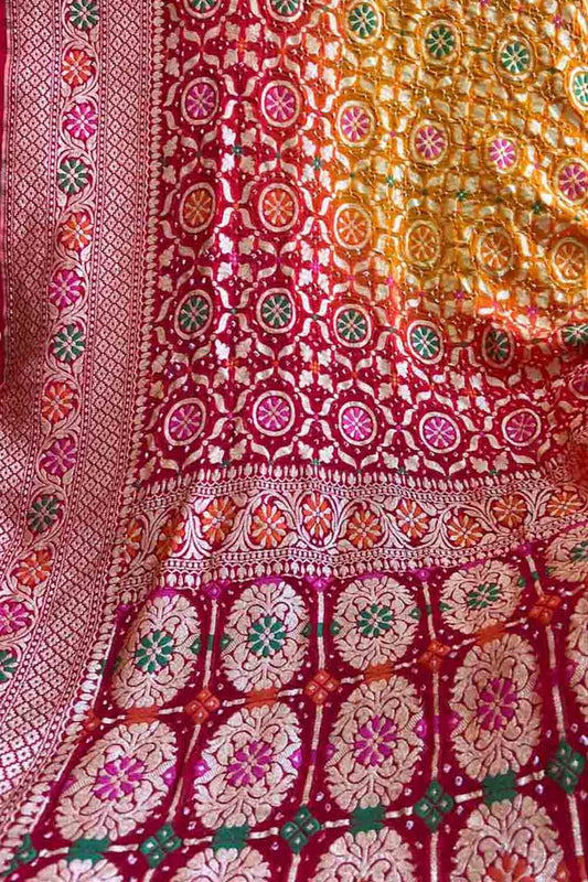 Vibrant Yellow & Red Banarasi Bandhani Meenakari Georgette Saree - Luxurion World