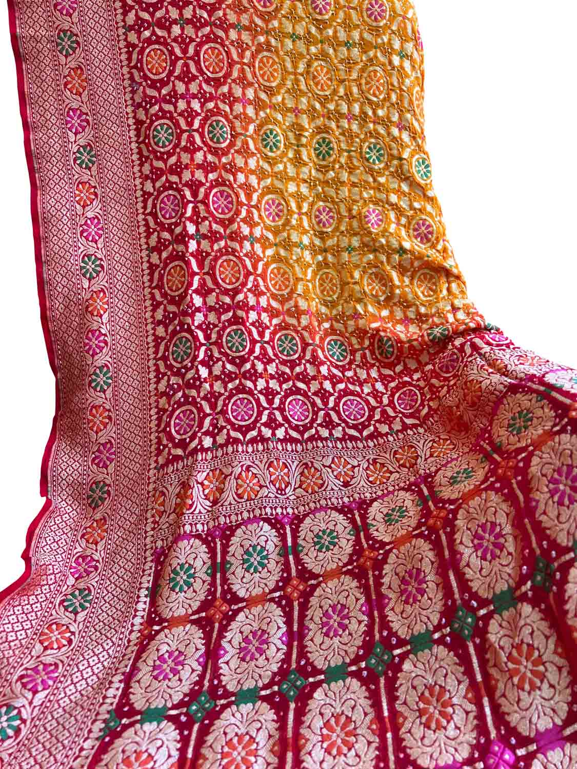 Vibrant Yellow & Red Banarasi Bandhani Meenakari Georgette Saree - Luxurion World