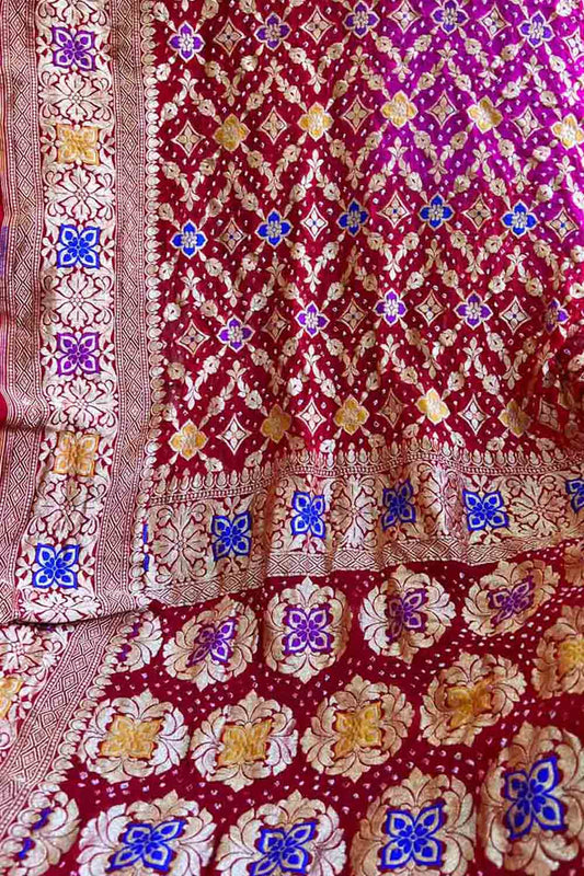 Exquisite Pink & Red Banarasi Bandhani Meenakari Georgette Saree - Luxurion World