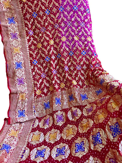 Exquisite Pink & Red Banarasi Bandhani Meenakari Georgette Saree - Luxurion World