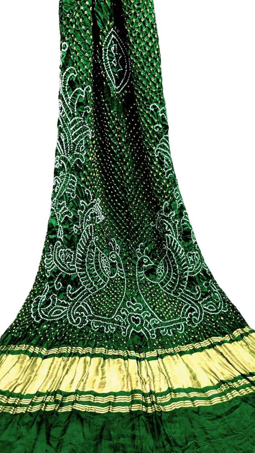 Green Bandhani Pure Gajji Silk Rai Bhandhej Dupatta - Luxurion World