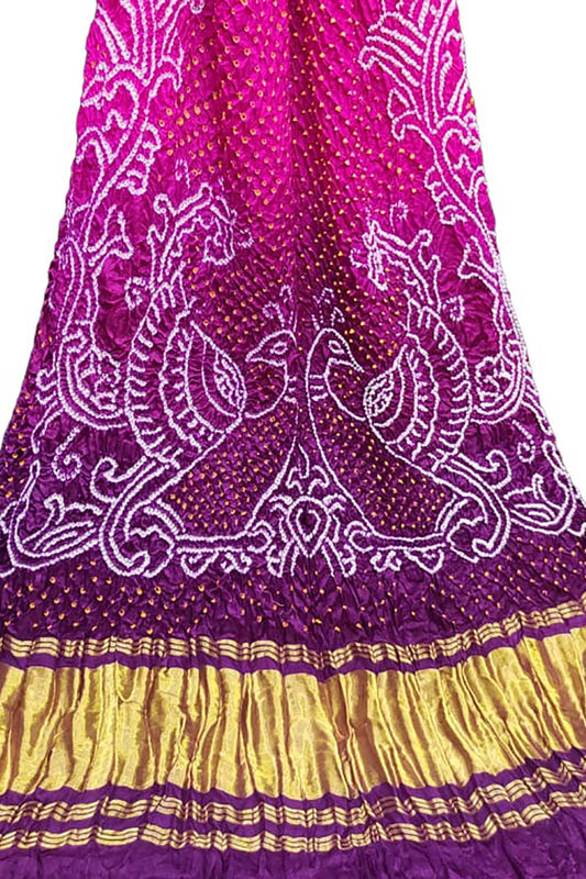 Purple Bandhani Pure Gajji Silk Rai Bhandhej Dupatta - Luxurion World