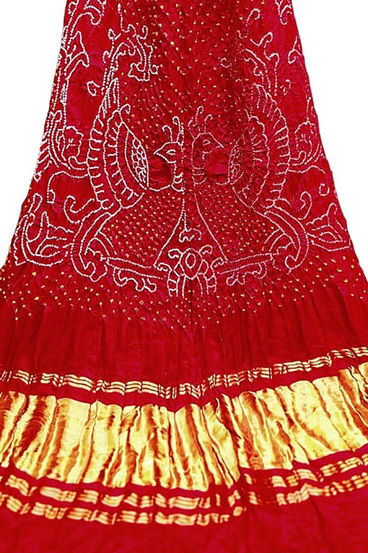 Red Bandhani Pure Gajji Silk Rai Bhandhej Dupatta - Luxurion World