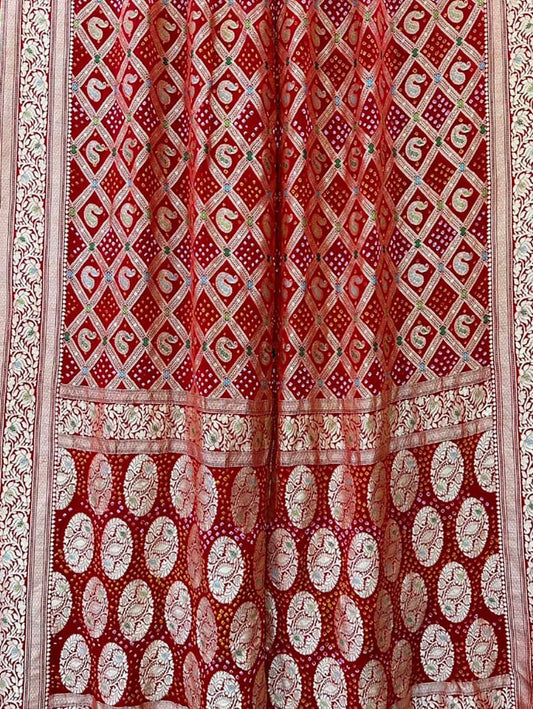 Red Banarasi Bandhani Pure Georgette Meenakari Saree - Luxurion World