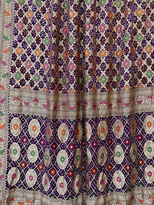 Purple Banarasi Bandhani Pure Georgette Meenakari Saree - Luxurion World