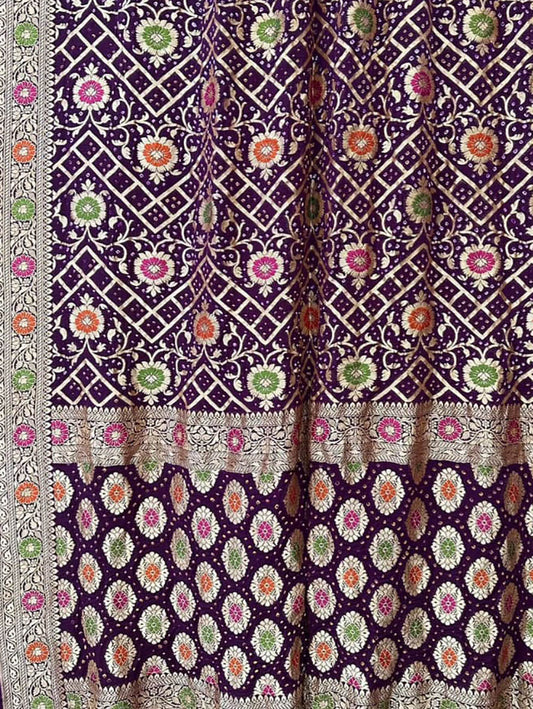 Purple Banarasi Bandhani Pure Georgette Meenakari Saree - Luxurion World