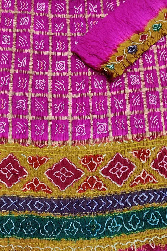 Pink Bandhani Pure Gajji Silk Gharchola Saree With Multicolor Pallu - Luxurion World