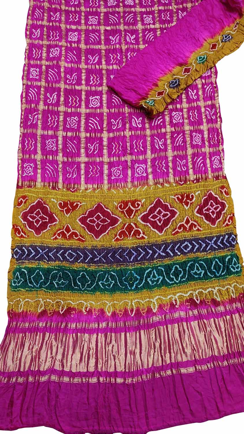 Pink Bandhani Pure Gajji Silk Gharchola Saree With Multicolor Pallu - Luxurion World