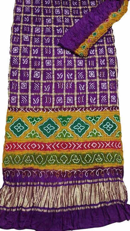 Purple Bandhani Pure Gajji Silk Gharchola Saree With Multicolor Pallu - Luxurion World