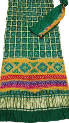 Green Bandhani Pure Gajji Silk Gharchola Saree With Multicolor Pallu - Luxurion World