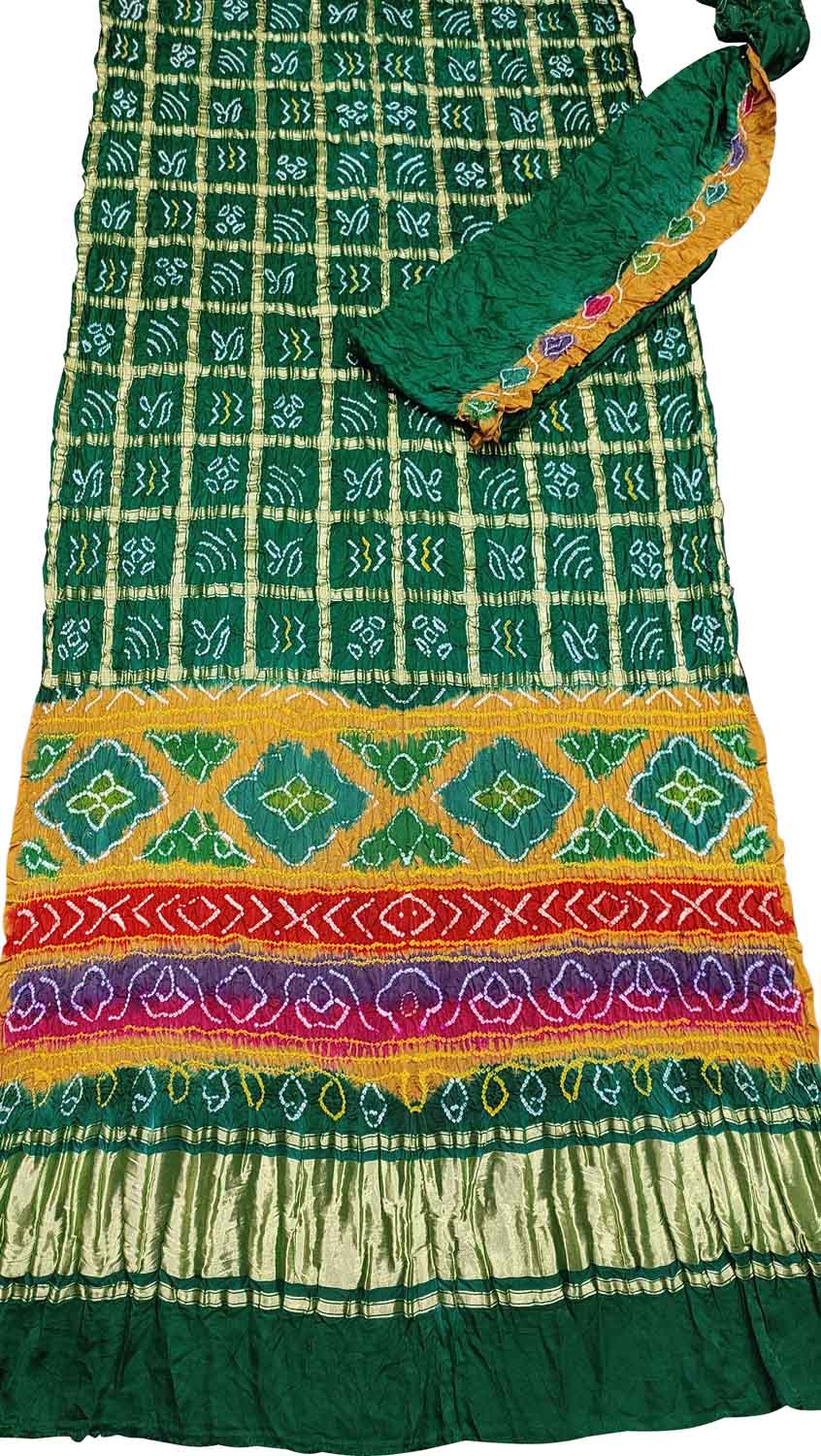 Green Bandhani Pure Gajji Silk Gharchola Saree With Multicolor Pallu - Luxurion World