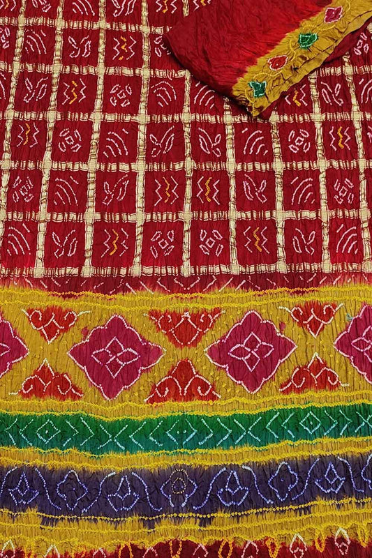 Red Bandhani Pure Gajji Silk Gharchola Saree With Multicolor Pallu - Luxurion World