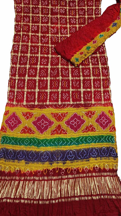 Red Bandhani Pure Gajji Silk Gharchola Saree With Multicolor Pallu - Luxurion World