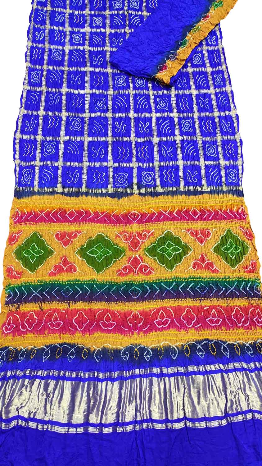Blue Bandhani Pure Gajji Silk Gharchola Saree With Multicolor Pallu - Luxurion World