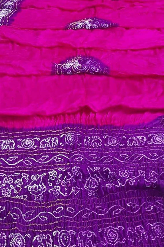 Pink And Purple Bandhani Pure Gajji Silk Saree - Luxurion World