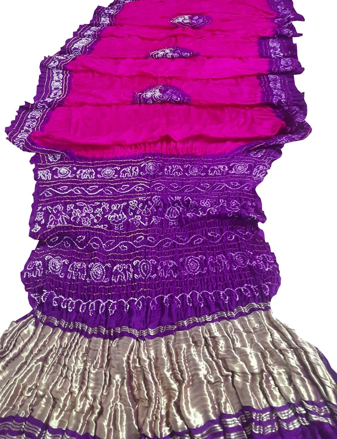 Pink And Purple Bandhani Pure Gajji Silk Saree - Luxurion World